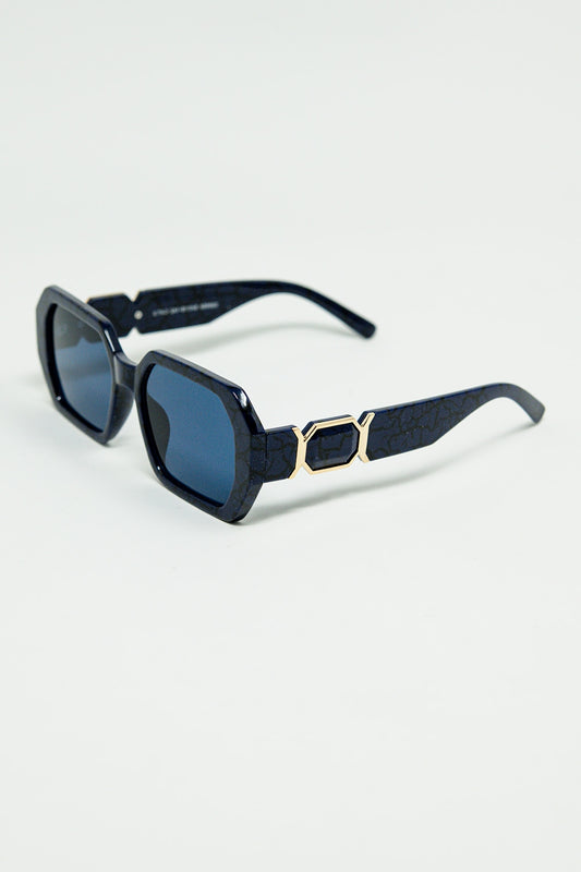 Diamond-Shaped Sunglasses In Black with Deep Blue Lenses - Sunglasses
