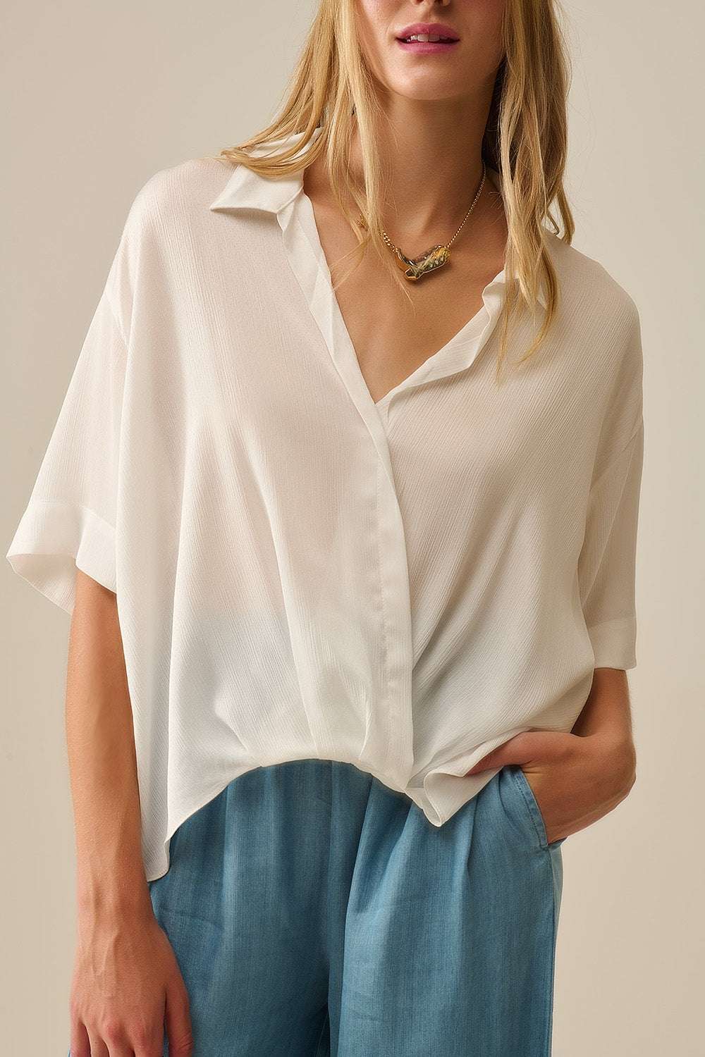 Draped Short Sleeve Blouse in White - Blouses