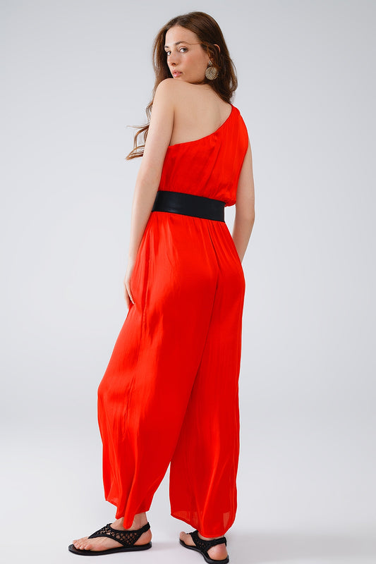 Drapped One Shoulder Jumpsuit With Cinched Waist In Red - Dresses