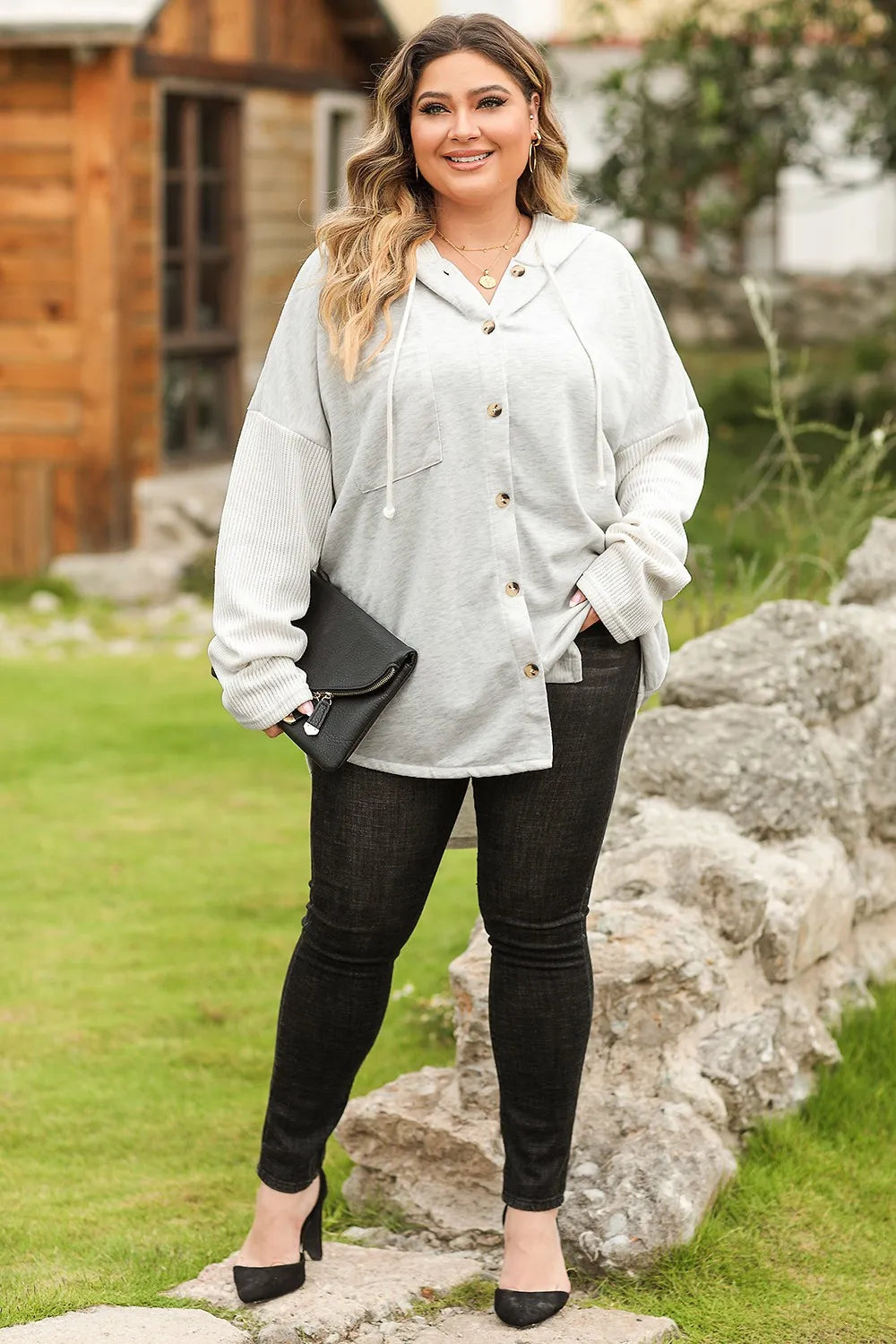 Plus Size Button Up Drawstring Long Sleeve Hoodie - Hoodies