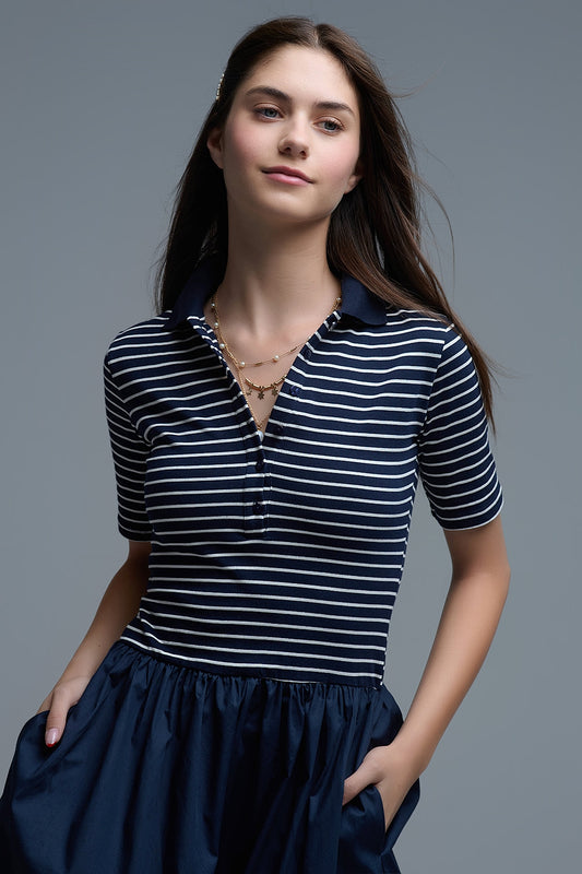 Dress With Polo Striped Top and Poplin midi Skirt in Navy - Dresses