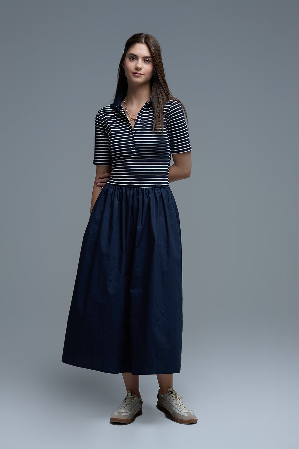 Dress With Polo Striped Top and Poplin midi Skirt in Navy - Dresses