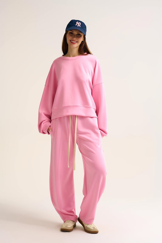 Q2 Dropped Shoulder Basic Sweatshirt in Pink with Matching Lounge Pants for Casual Comfort