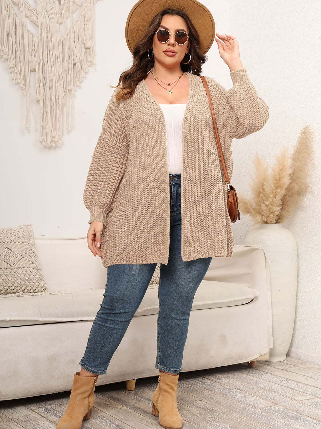 Plus Size Open Front Dropped Shoulder Knit Cardigan - Cardigans