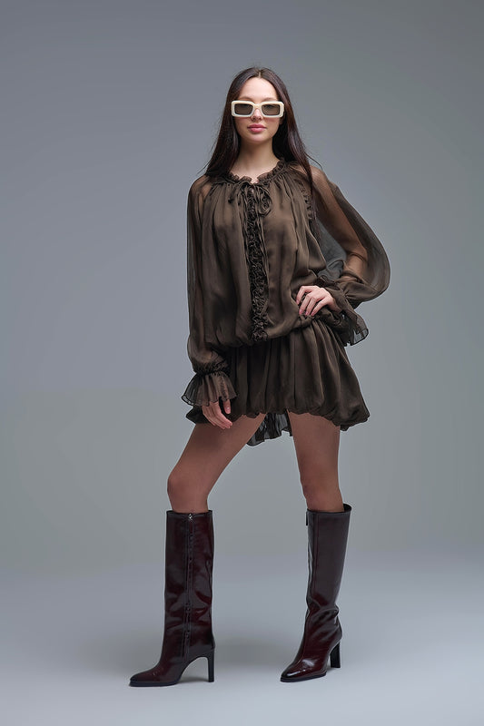 Dropped Waist Romantic Chiffon Brown Dress - Dresses