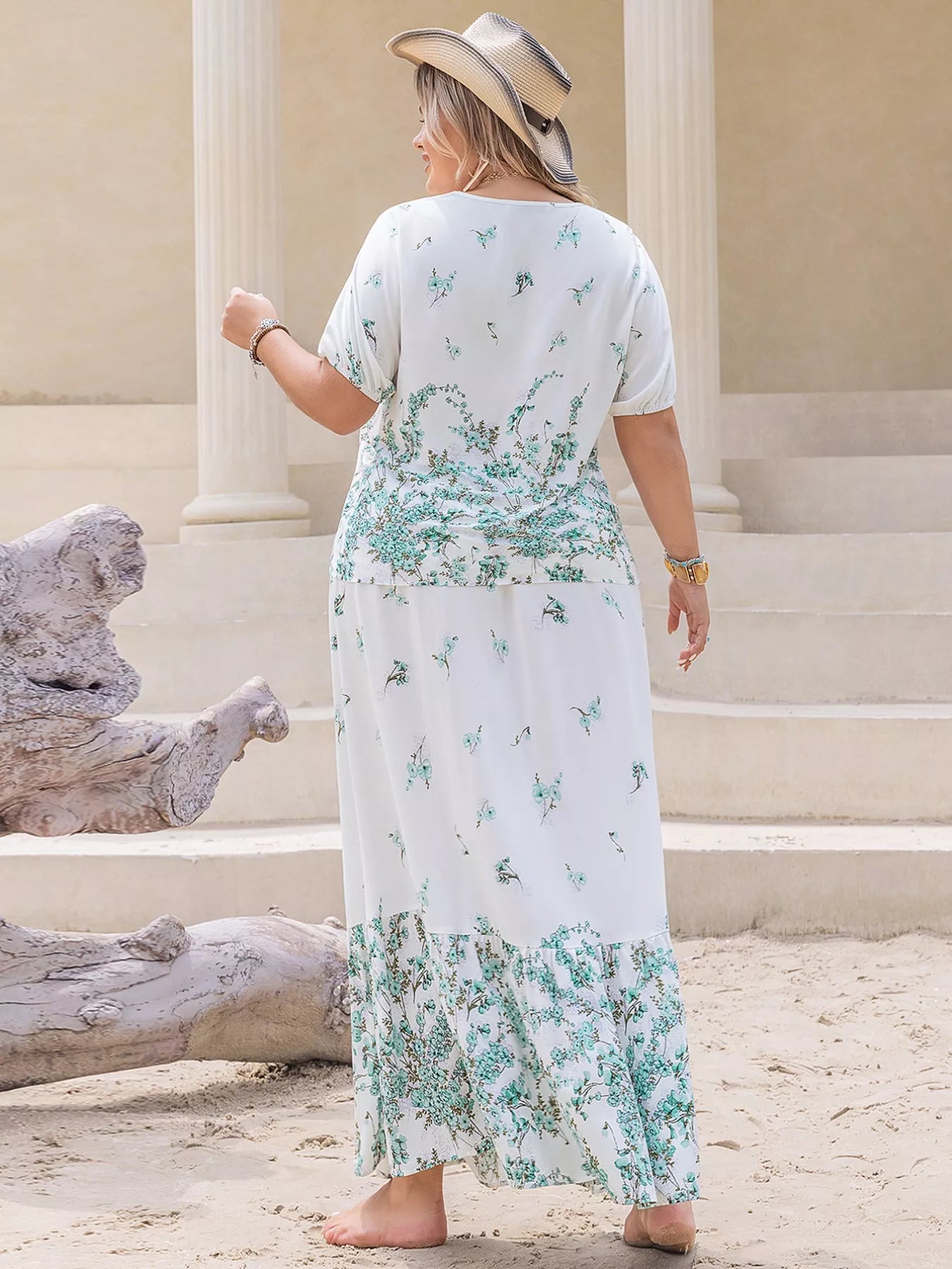 Plus Size Printed Lace Detail Short Sleeve Top and Skirt Set - Outfit Sets