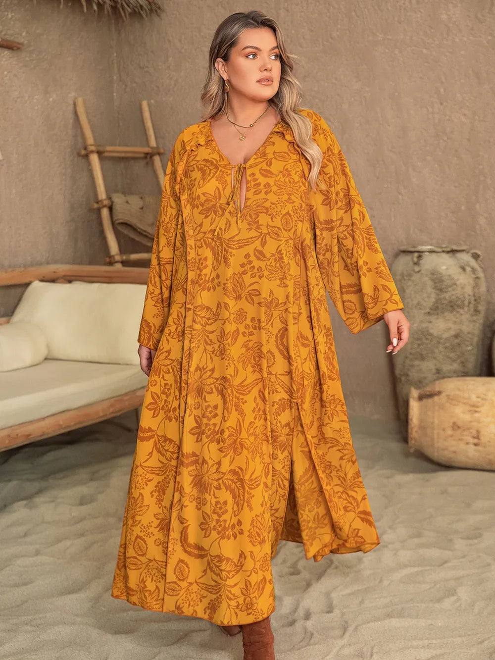Plus Size Printed Slit Long Sleeve Dress -