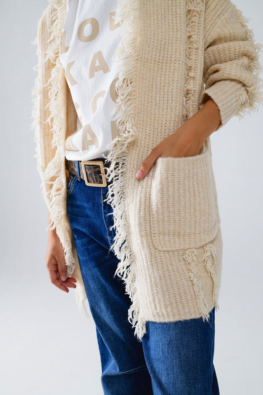 Ecru Boho Distressed Cardigan With Front Pockets - Cardigans
