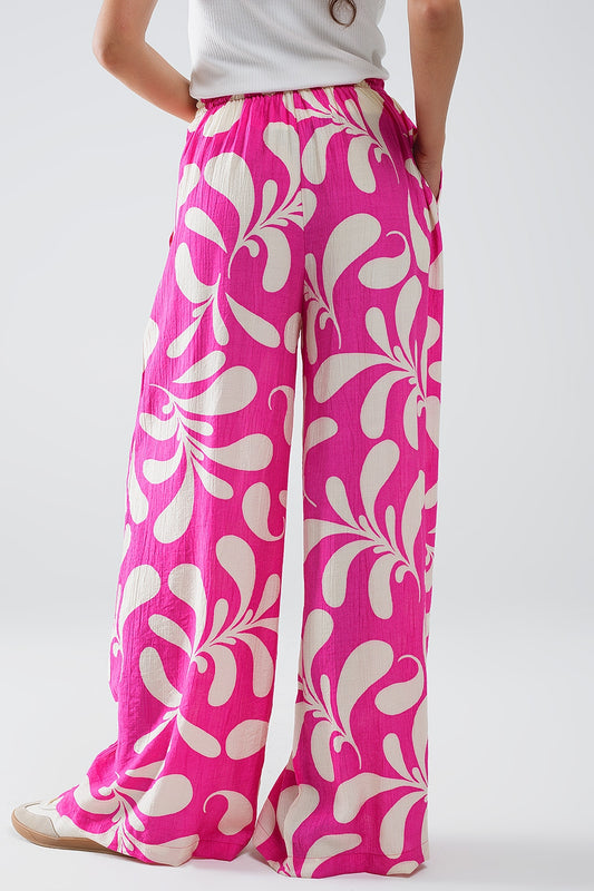 Elasticated Waist Straight Leg Pants In Fuchsia Floral Print - Trousers