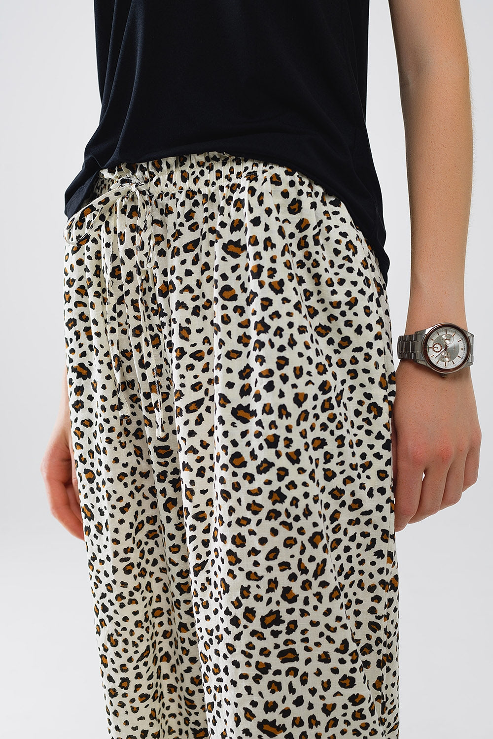 Elasticated Waist Straight Leg Pants In Leopard Print - Trousers