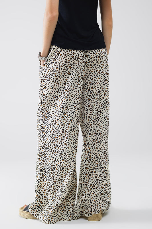 Elasticated Waist Straight Leg Pants In Leopard Print - Trousers
