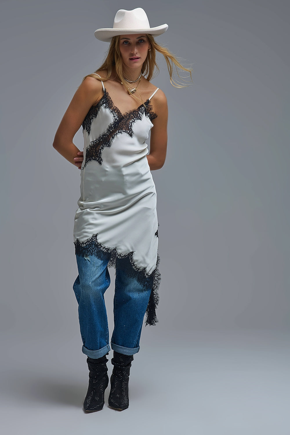 Elegant Asymmetrical White Satin Lace Dress - Dresses