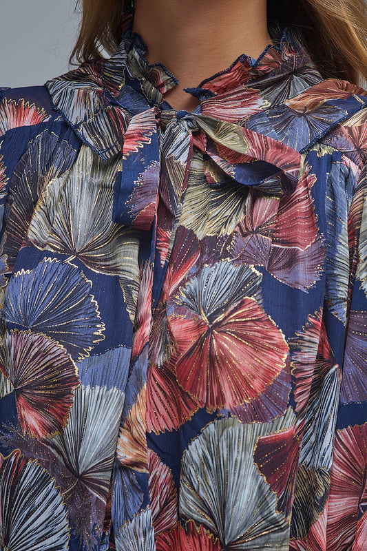 Elegant Floral A-Line Tie Neck Dress - Dresses