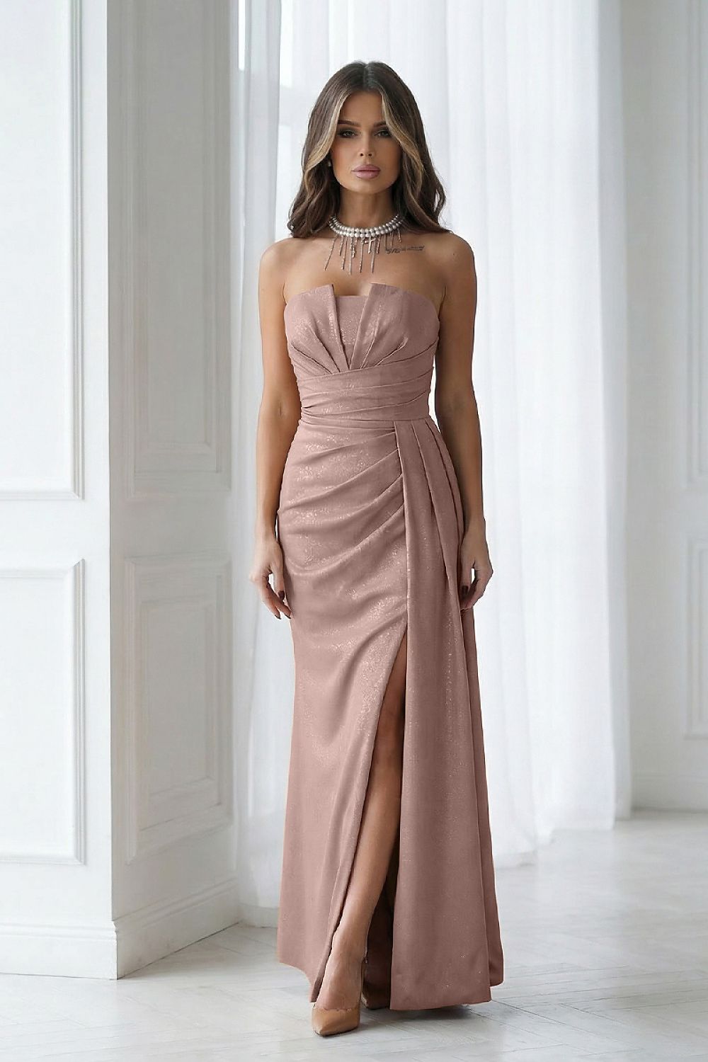 Deep Slit Elegant Long Dress for Special Occasions brown - Dresses