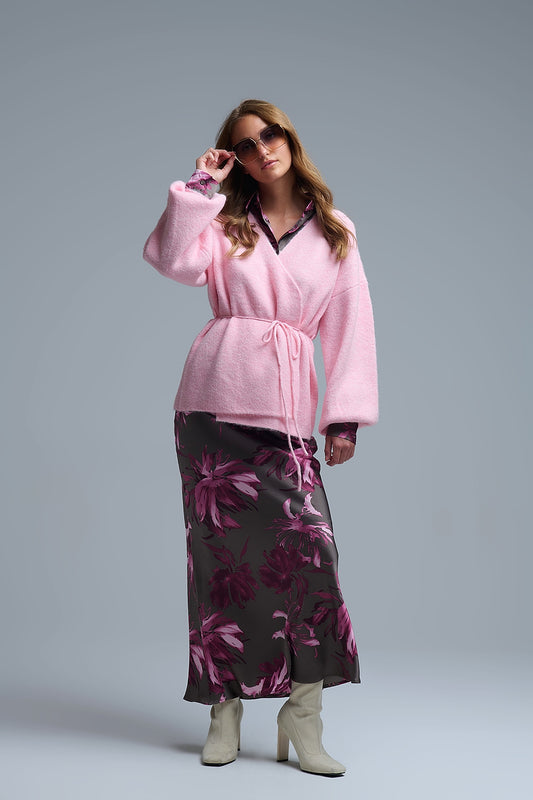 Elegant Pink Wrap Knitted Cardigan - Sweaters