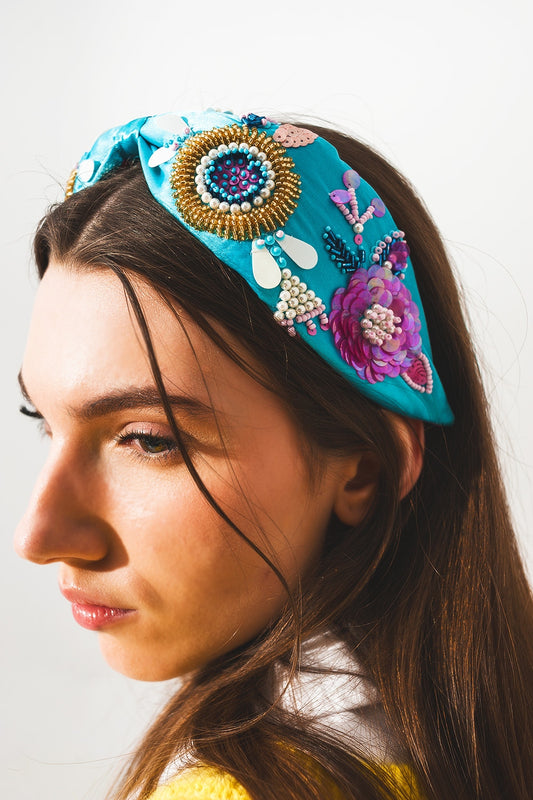 Embellished chunky headband in blue - Headbands