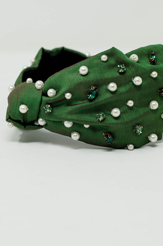 Embellished Headband With White And Green Jewells With Knot in The Middle - Headbands