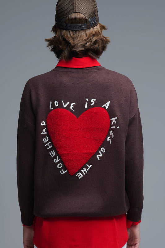 Embroidered Heart knitted Sweatshirt With Text in Brown - Sweaters