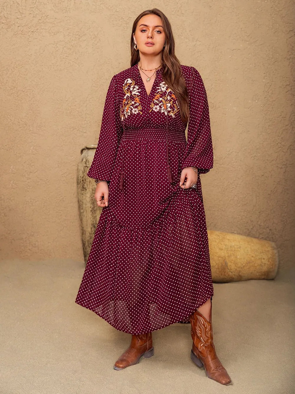 Embroidered Polka Dot Plus Size Dress - Dresses