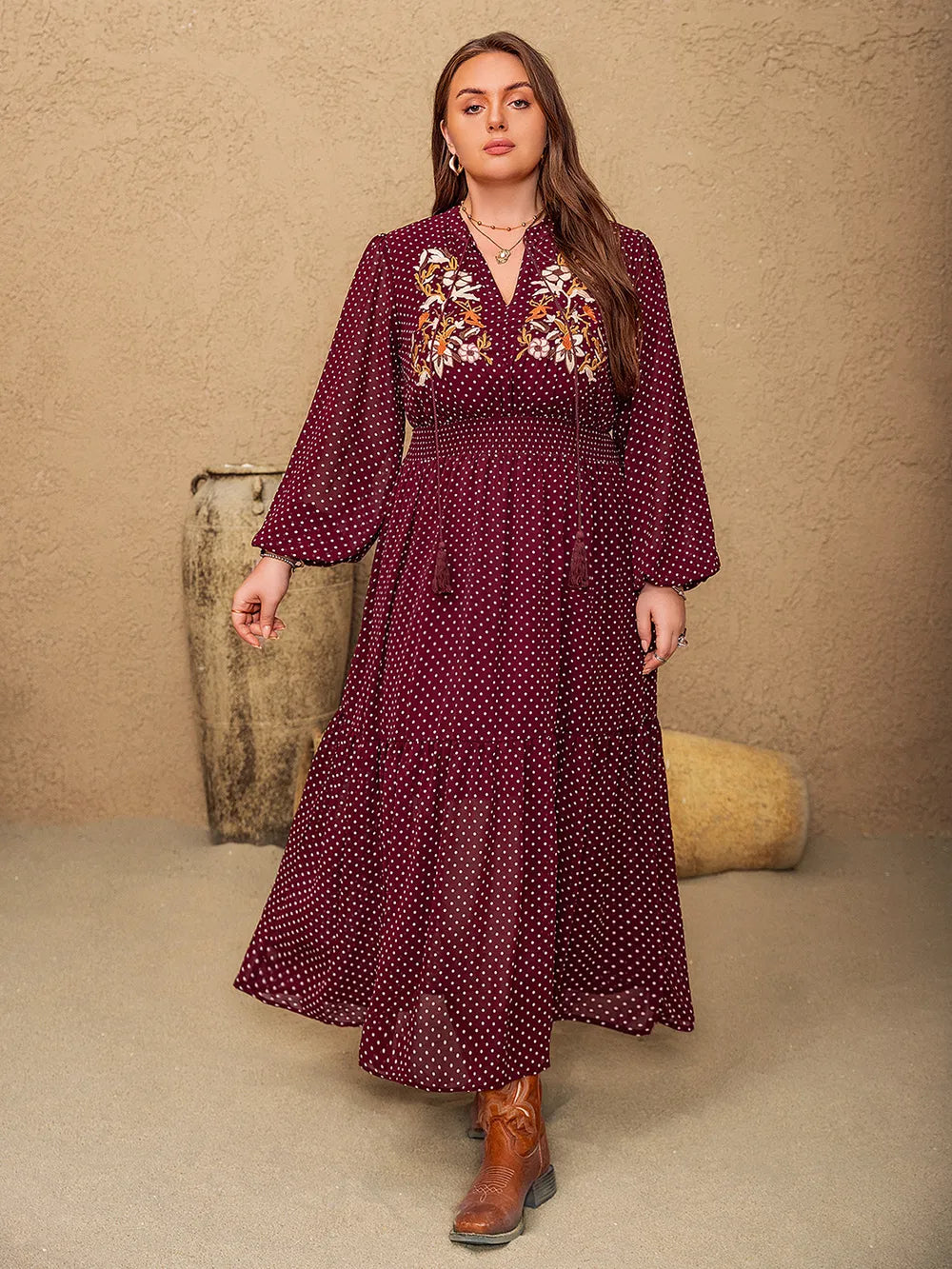 Embroidered Polka Dot Plus Size Dress - Dresses