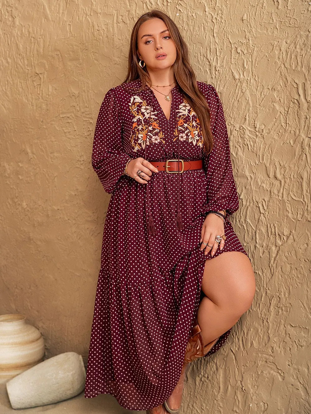 Embroidered Polka Dot Plus Size Dress - Dresses