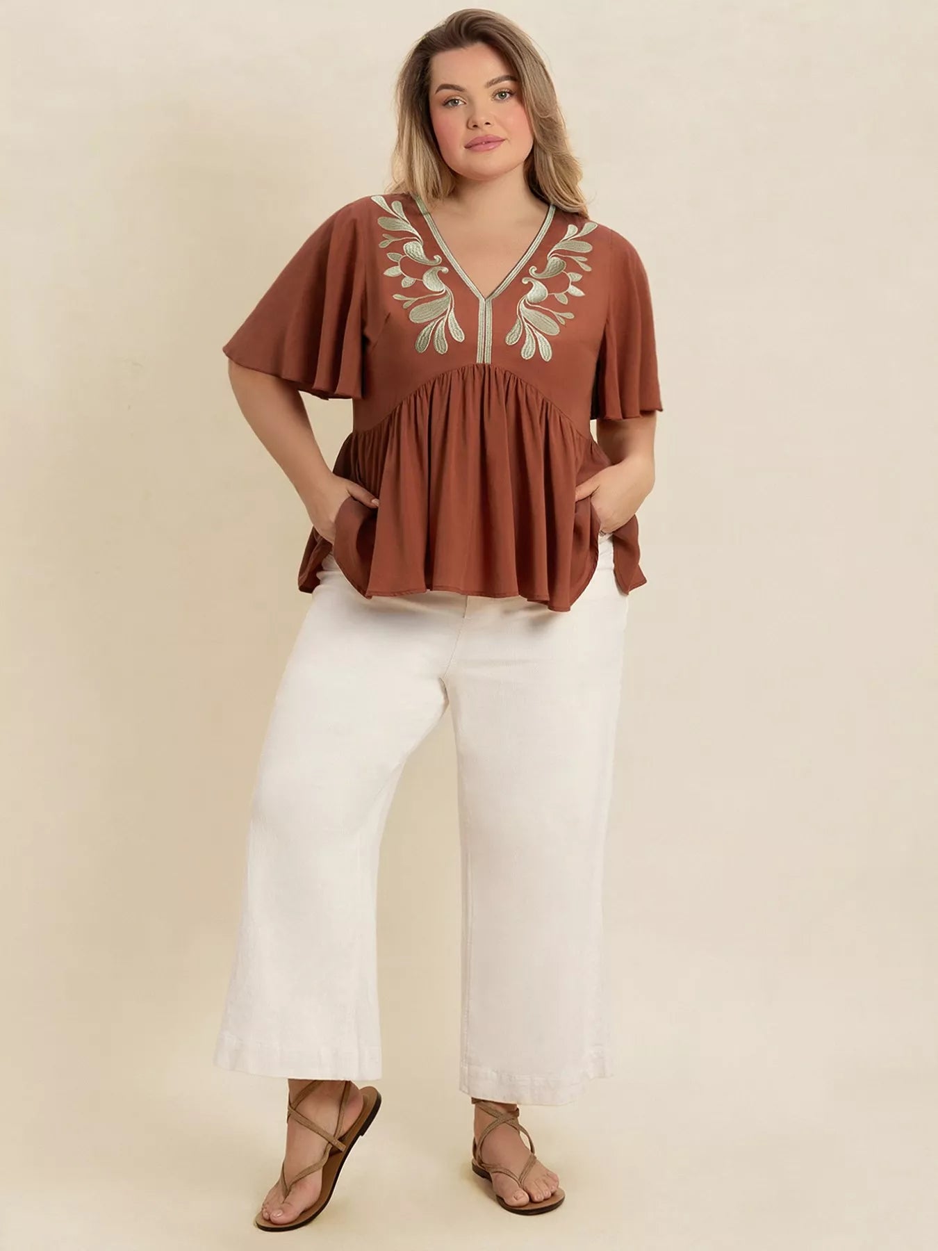 Plus Size Embroidered V-Neck Flutter Sleeve Blouse -