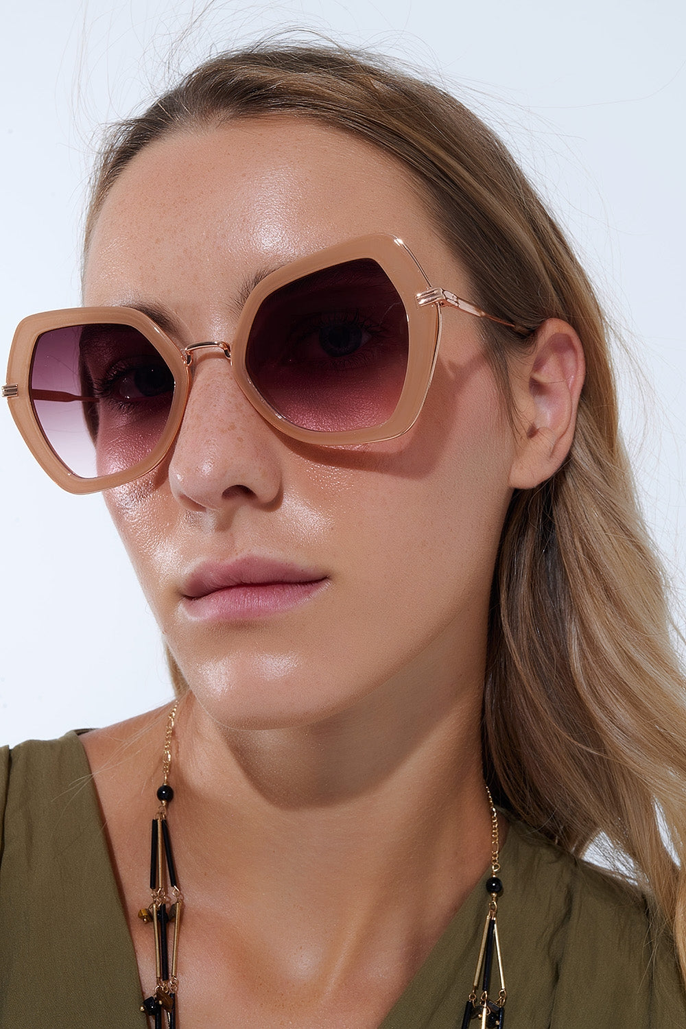 Extra Large Hexagonal Cat Eye Sunglasses in Beige -