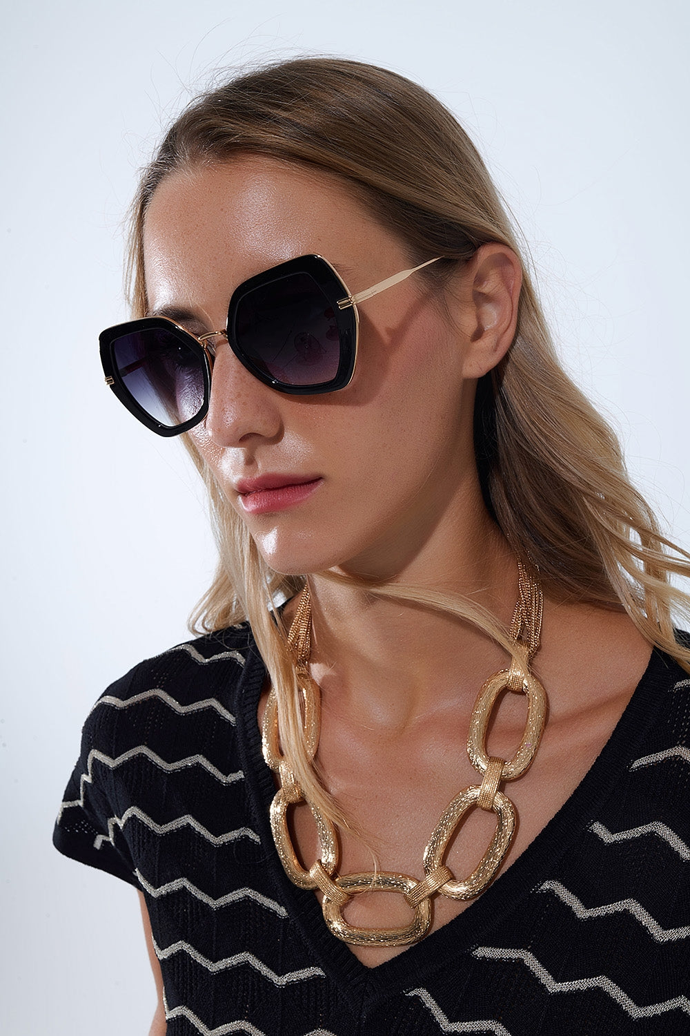 Extra Large Hexagonal Cat Eye Sunglasses in Black -