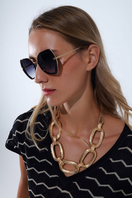 Extra Large Hexagonal Cat Eye Sunglasses in Black -