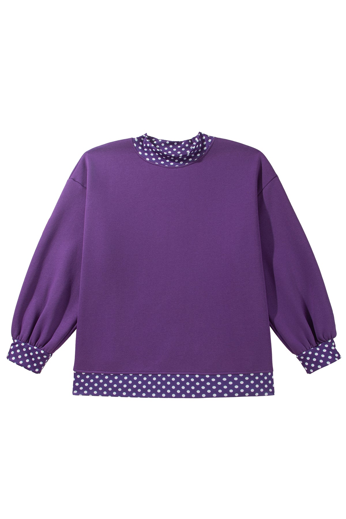 Tillandsia Purple Polka Dot Patchwork Round Neck Plus Size Sweatshirt