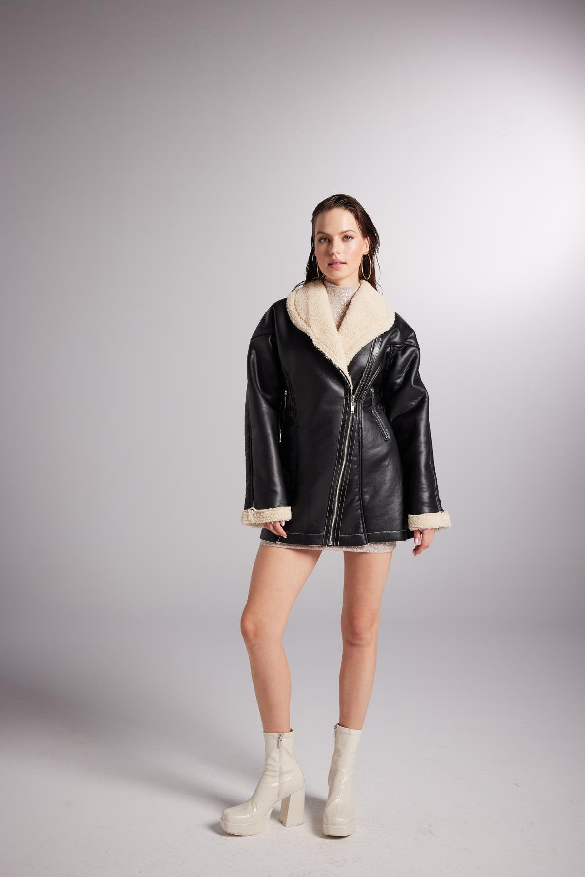 Monero Black Vegan Faux Leather Coat with Fur Lining - Faux Leather Coats