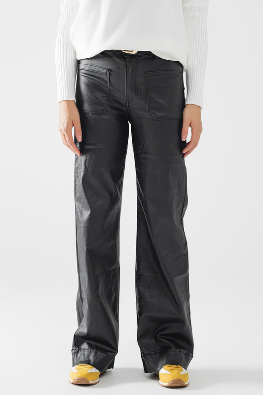 Faux leather pants with wide leg and pocket detail - Trousers