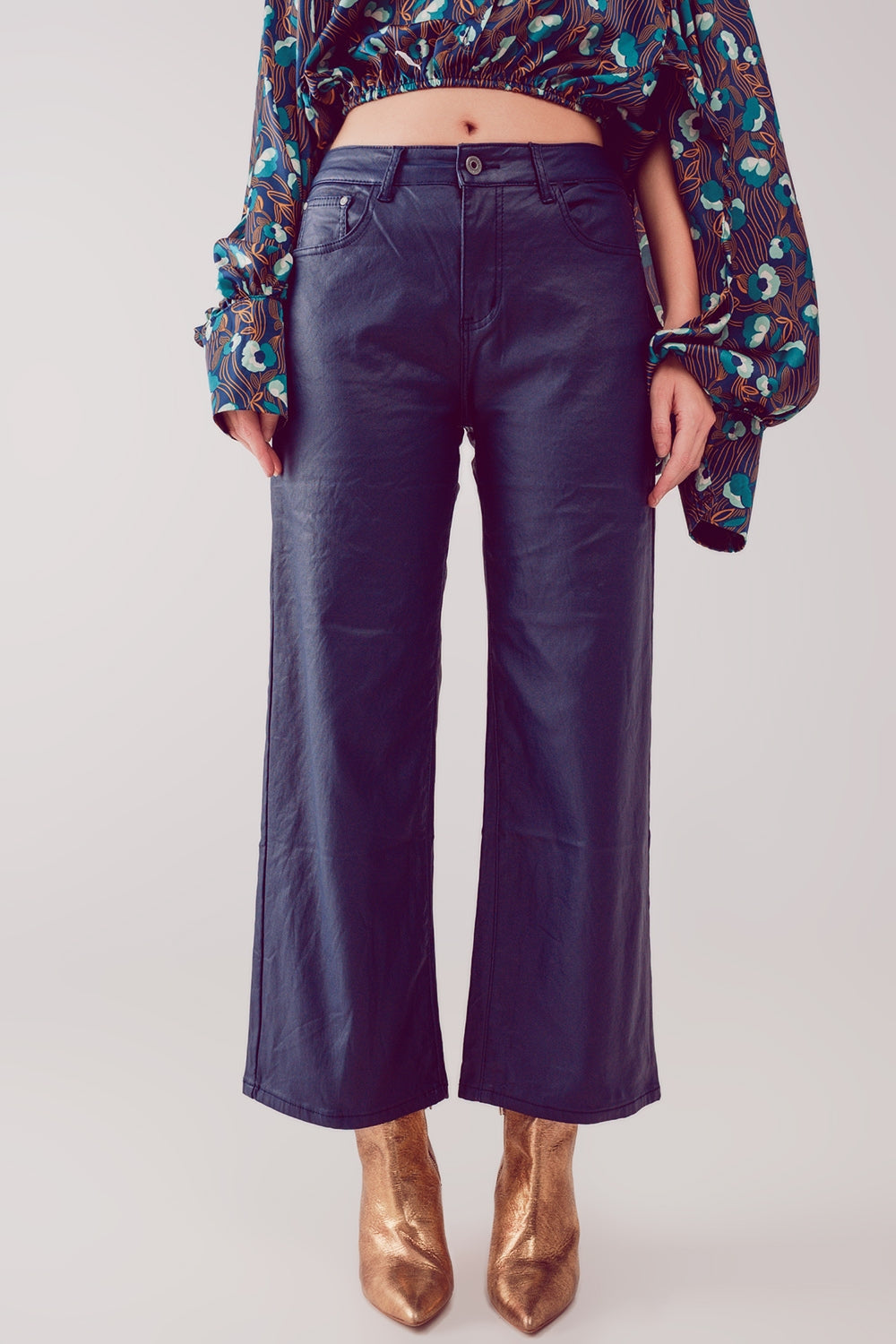 Faux leather wide leg pants in blue - Trousers