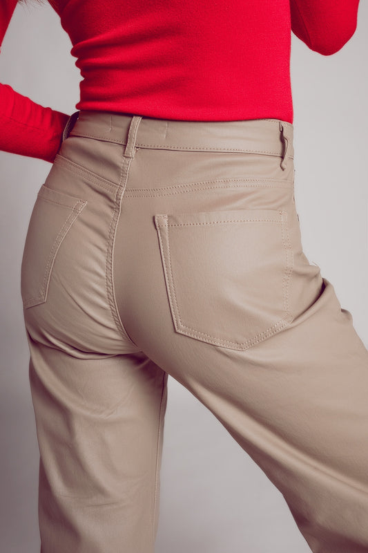 Faux leather wide leg trouser in beige - Trousers