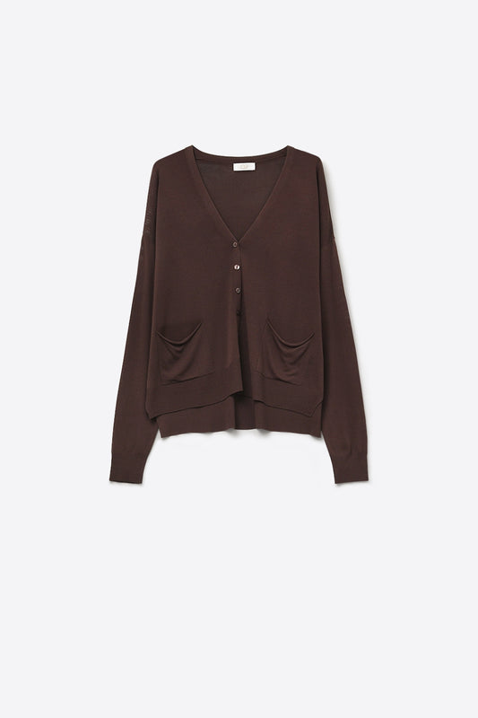 Fine Knit Cardigan with Front Pockets in brown -