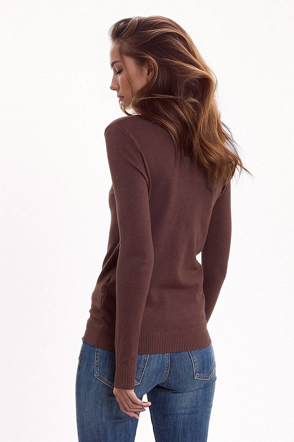 Fine knit high neck jumper in brown - Jumpers