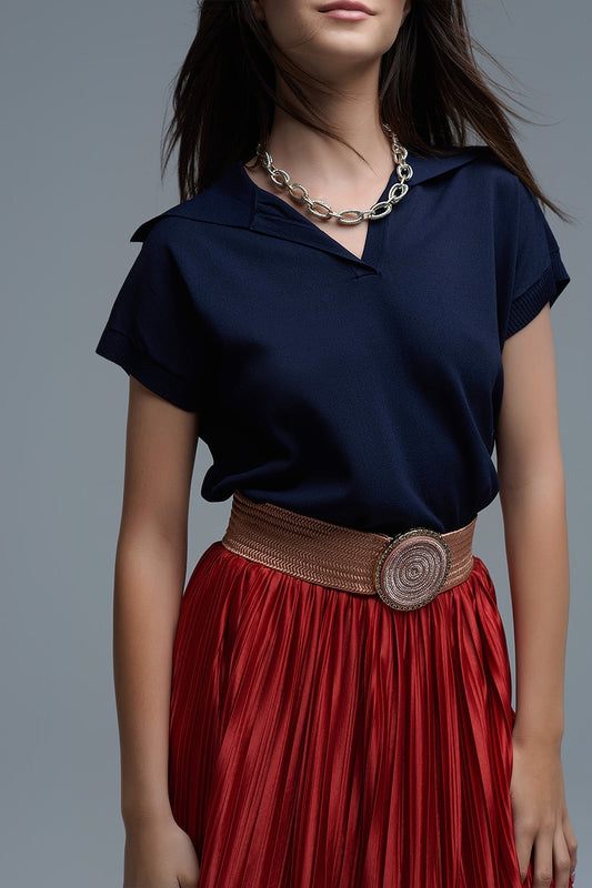 Fine Knit Polo-Style Short Sleeve Top in Navy - Sweaters