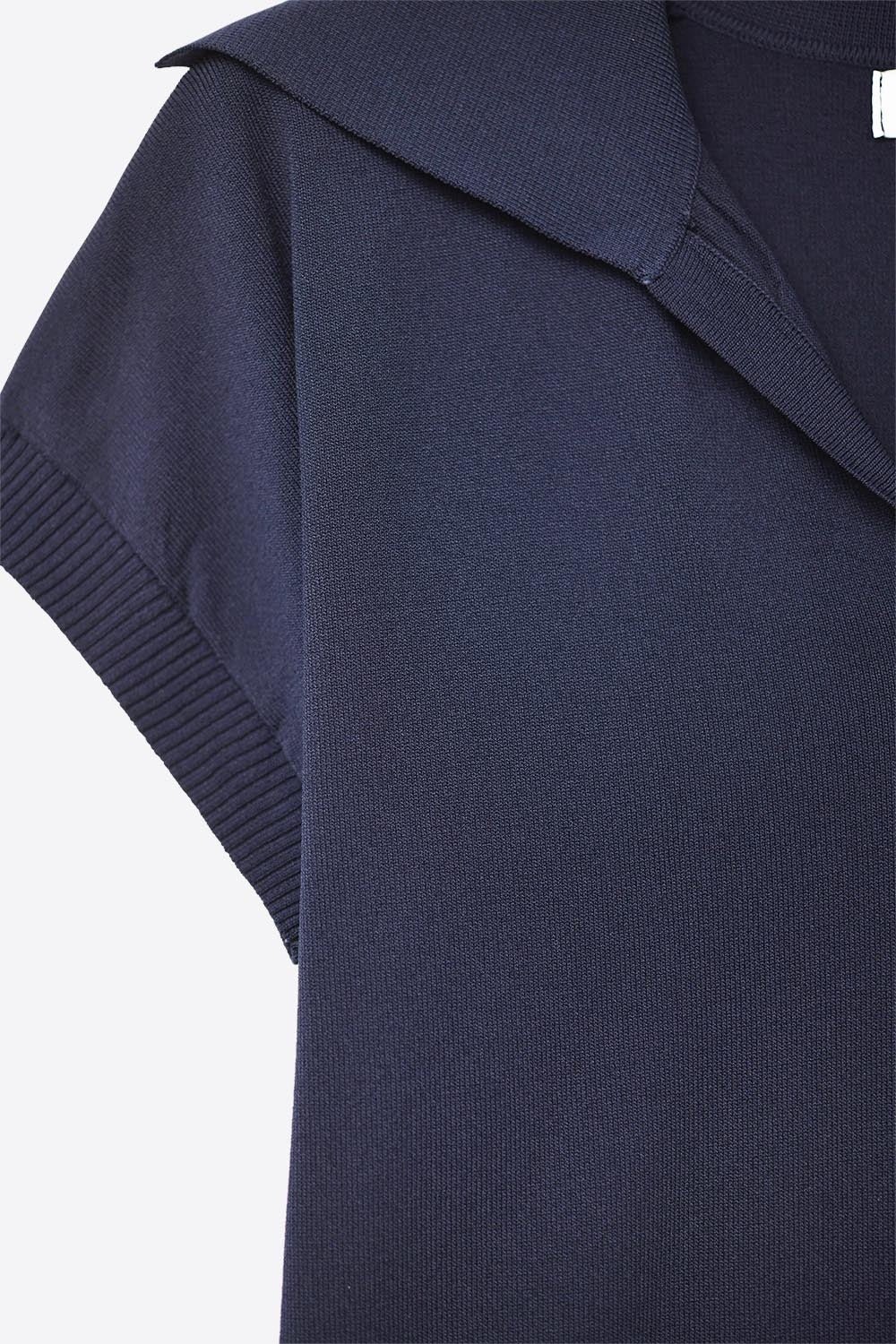 Fine Knit Polo-Style Short Sleeve Top in Navy - Sweaters