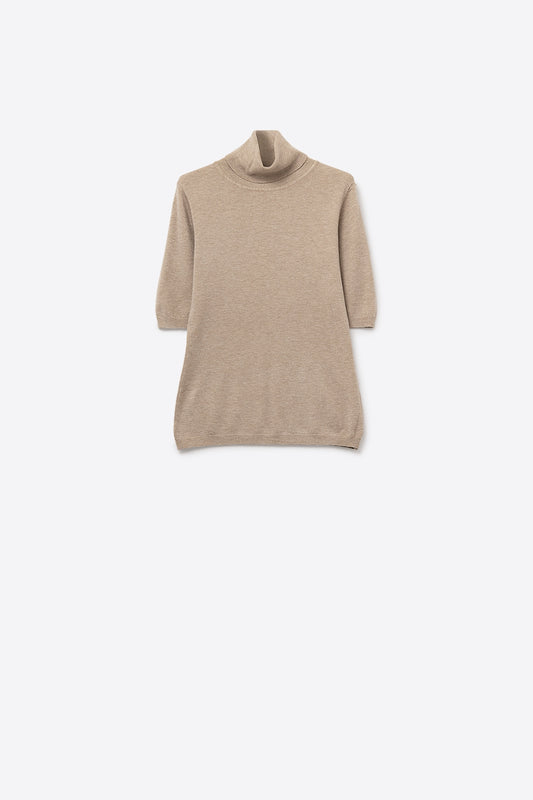 Fine knit sweater in beige with a high neck and elbow-length sleeves -