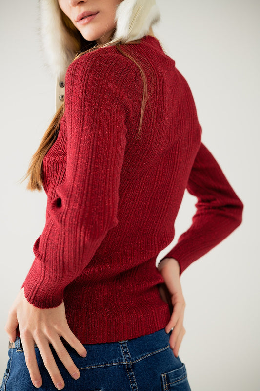 Fitted ribbed sweater in maroon with silver thread detail - Jumpers