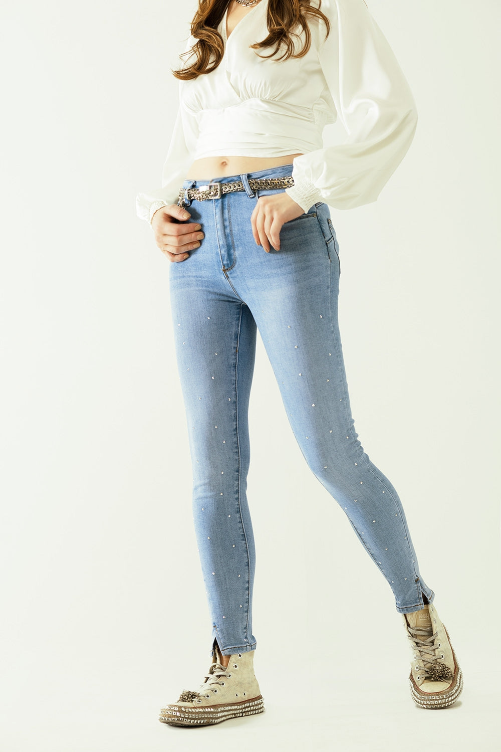 Five-pocket skinny jeans in stretch denim with strass detail all over - Jeans