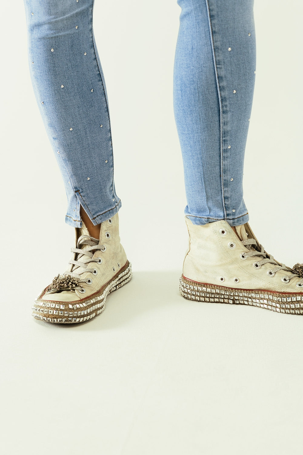 Five-pocket skinny jeans in stretch denim with strass detail all over - Jeans