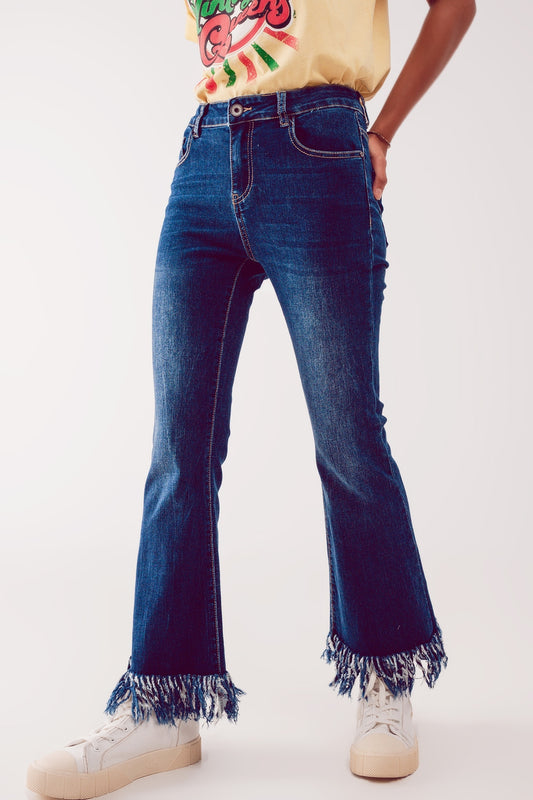 Flare straight leg jeans with raw hem edge in deep blue - Jeans