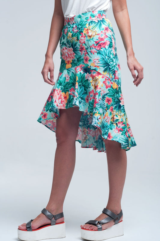 Floral asymmetrical green skirt - Skirts