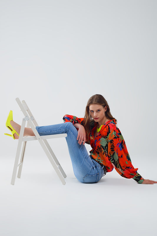 Floral Balloon Sleeves chiffon Shirt in Black - Shirts