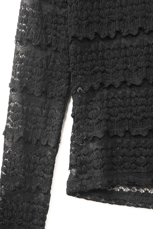 Floral Lace Top With Crew Nech in Black - Tops