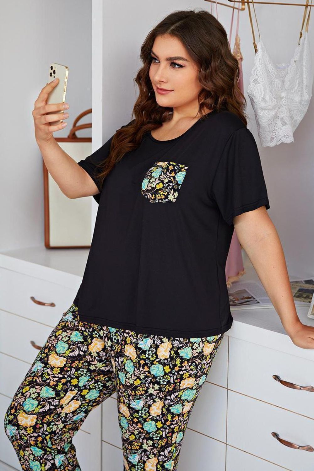 Trendsi Floral Pants and Round Neck Tee Lounge Set - Trousers