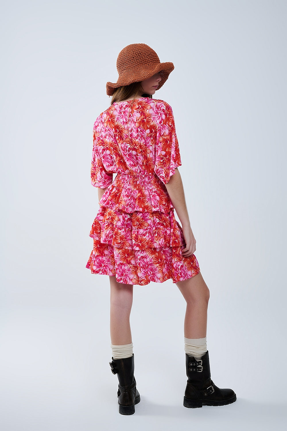 Floral printed Dress With Pink Orange and Red Tones - Dresses