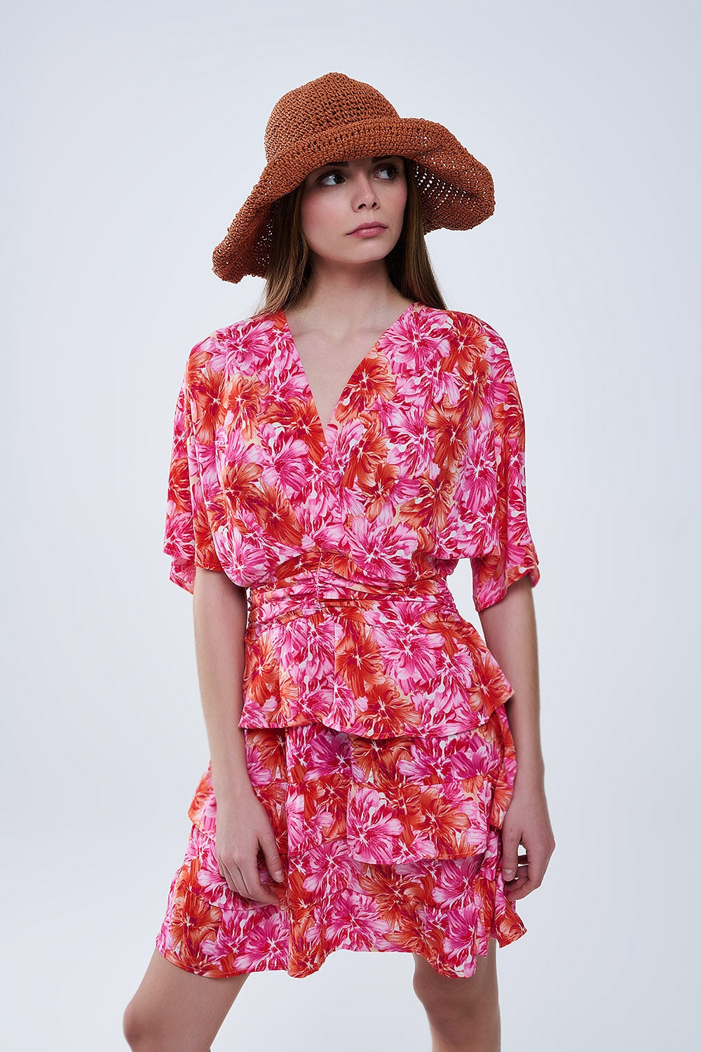 Floral printed Dress With Pink Orange and Red Tones - Dresses