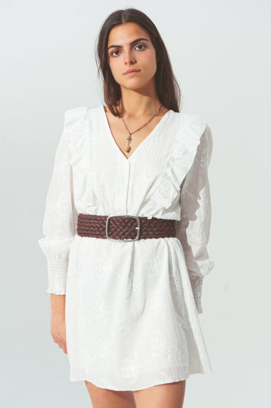 Floral Ruffle Mini Dress in White - Dresses